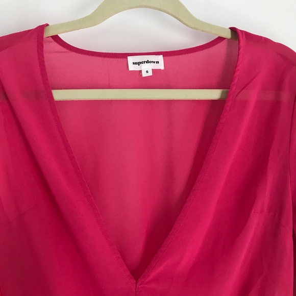 Superdown Celene Sheer Hot Pink Deep V-Neck Bodysuit Wrist Ties Dopamine Look - Picture 8 of 15